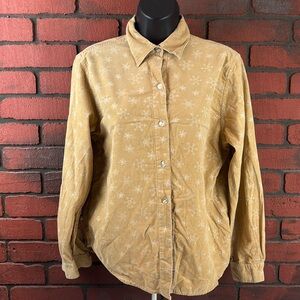 Victoria Jones Woman's Small Tan Snowflake AOP Corduroy Top – Cozy,‎ Casual